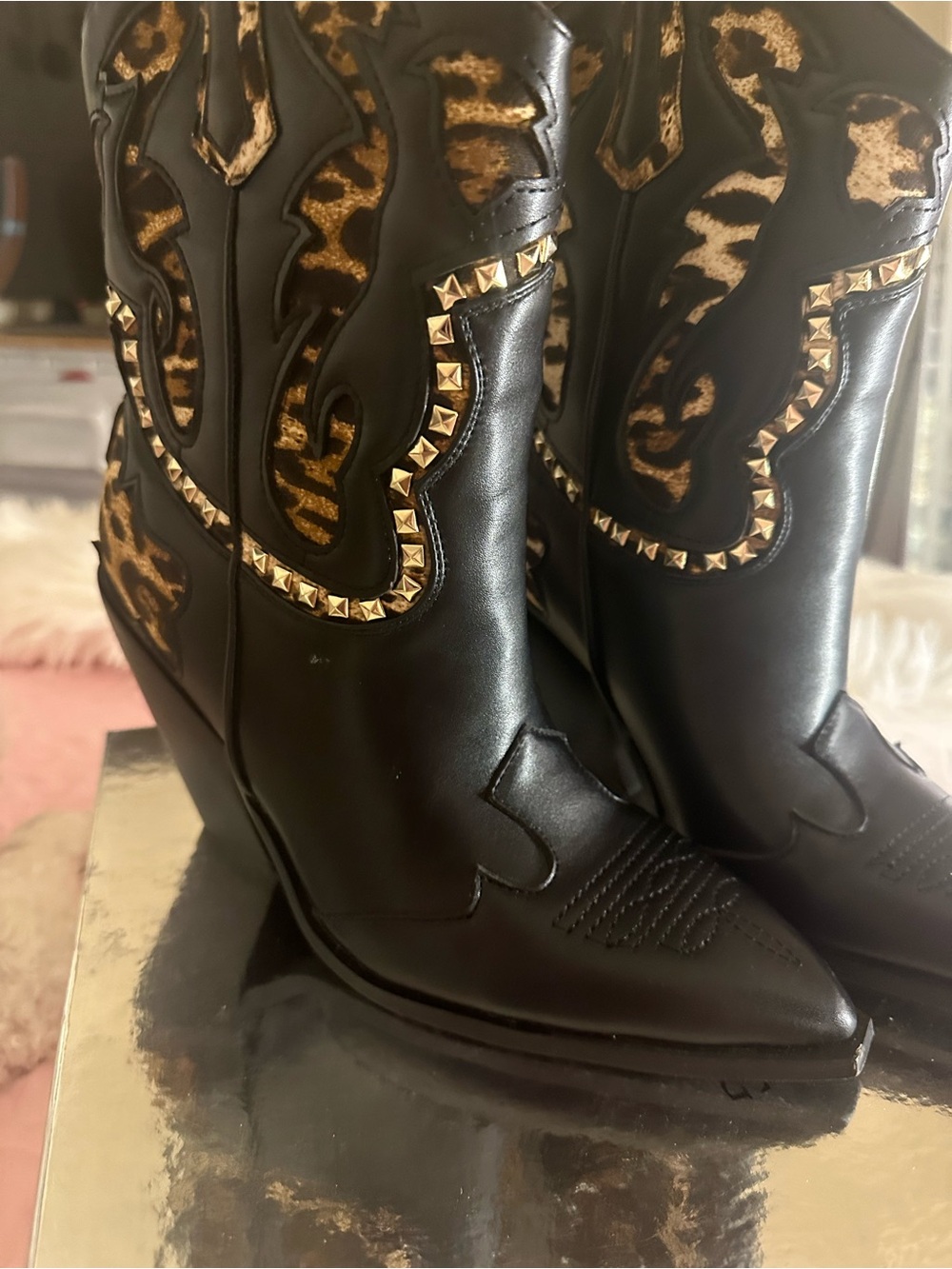 Black Western-Style Ankle Boots with Leopard Trim
